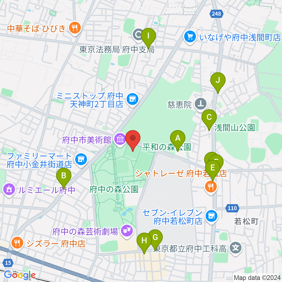 府中の森公園小野球場周辺のファミレス・ファーストフード一覧地図