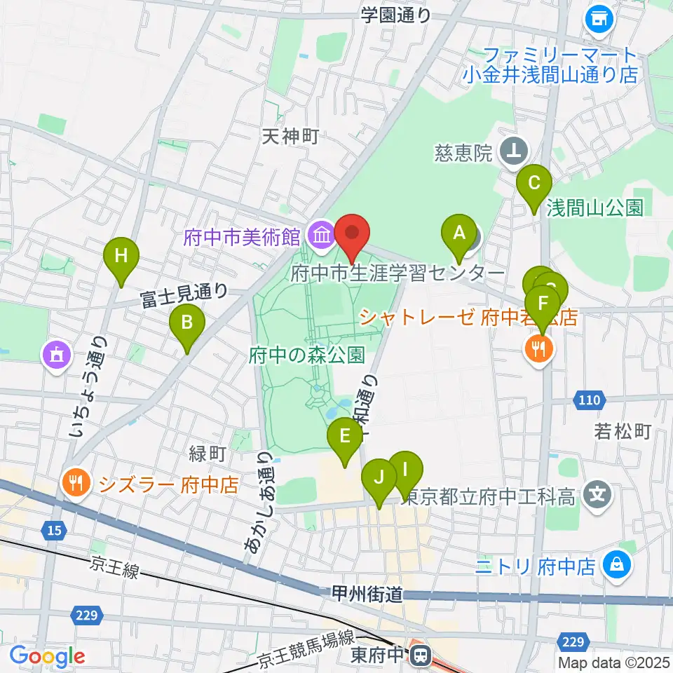 府中の森公園小野球場周辺のファミレス・ファーストフード一覧地図