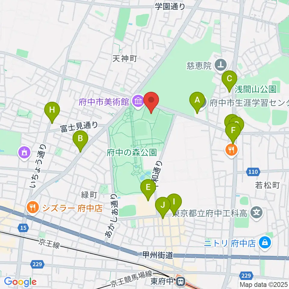 府中の森公園小野球場周辺のファミレス・ファーストフード一覧地図
