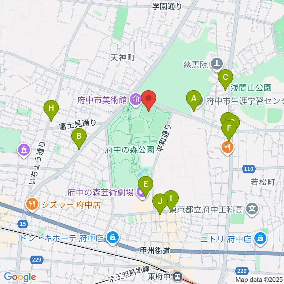 府中の森公園小野球場周辺のファミレス・ファーストフード一覧地図