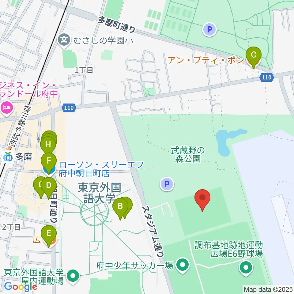 府中朝日フットボールパーク周辺のファミレス・ファーストフード一覧地図