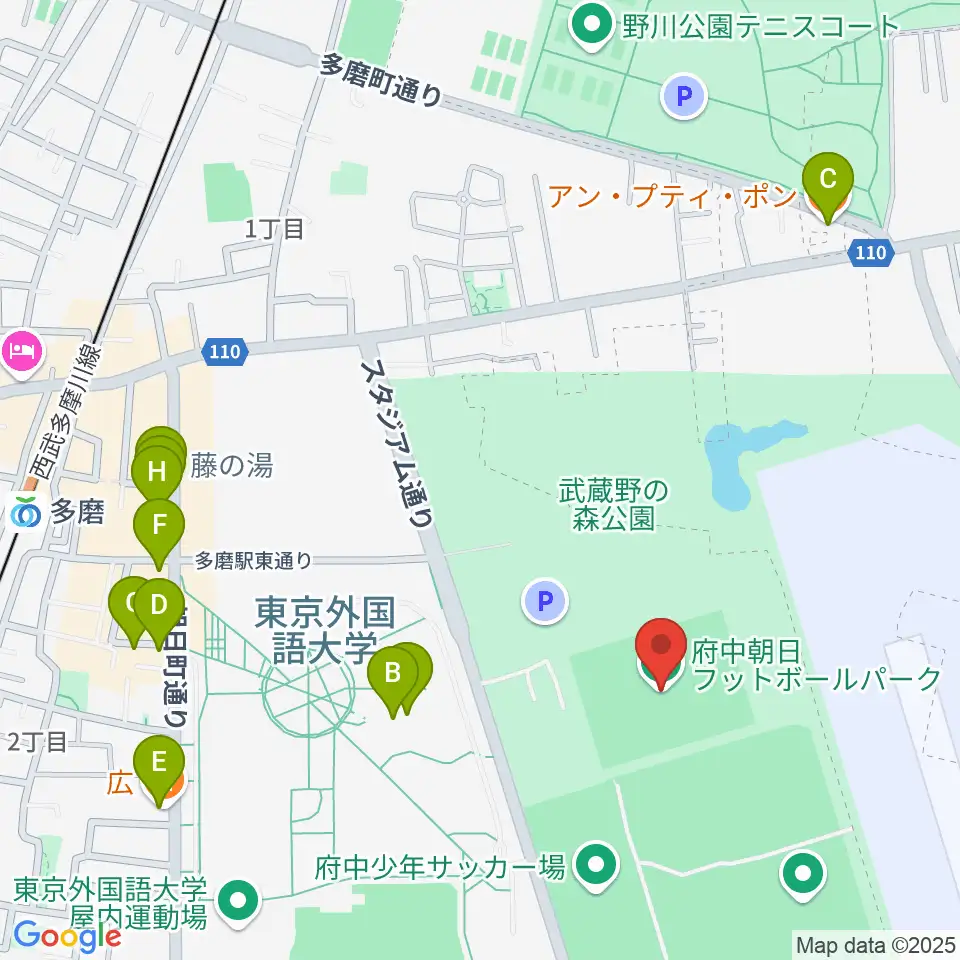 府中朝日フットボールパーク周辺のファミレス・ファーストフード一覧地図