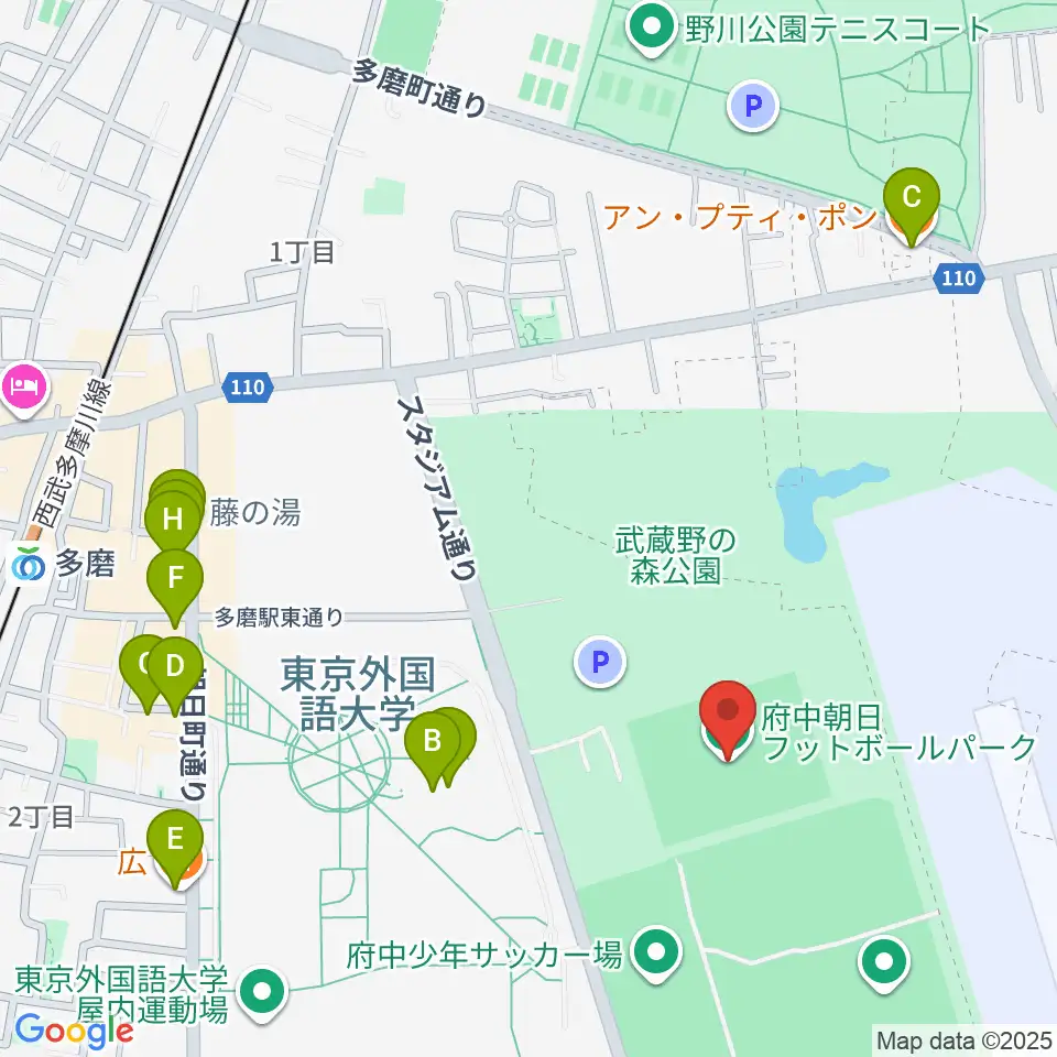 府中朝日フットボールパーク周辺のファミレス・ファーストフード一覧地図