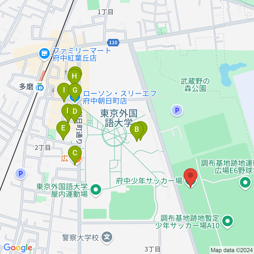 調布基地跡地暫定少年サッカー場周辺のファミレス・ファーストフード一覧地図