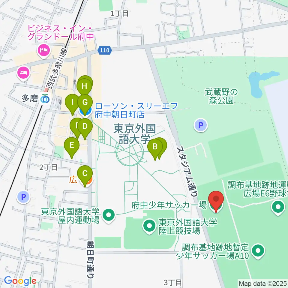 調布基地跡地暫定少年サッカー場周辺のファミレス・ファーストフード一覧地図
