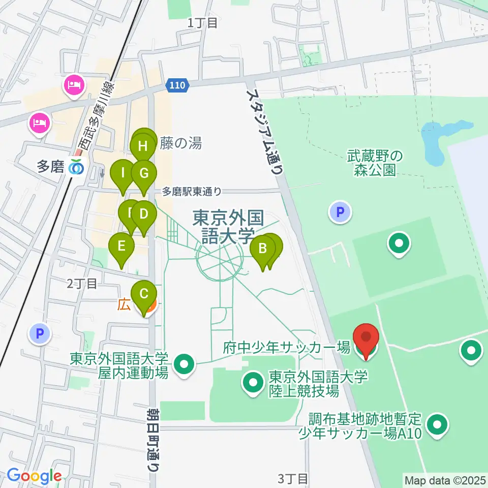 調布基地跡地暫定少年サッカー場周辺のファミレス・ファーストフード一覧地図