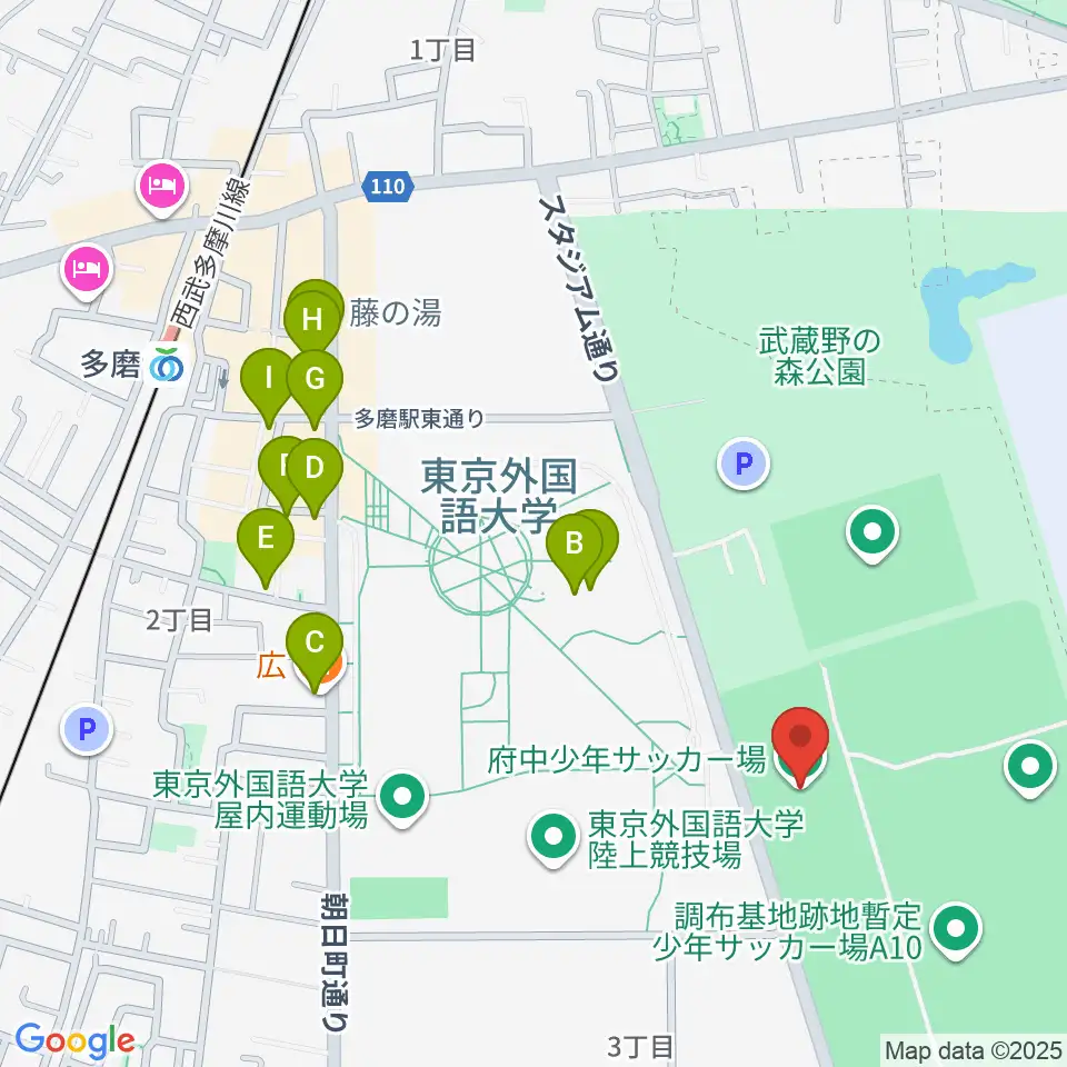 調布基地跡地暫定少年サッカー場周辺のファミレス・ファーストフード一覧地図