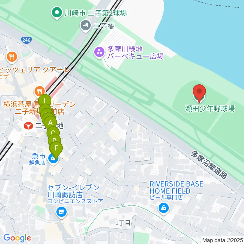 瀬田少年野球場周辺のファミレス・ファーストフード一覧地図