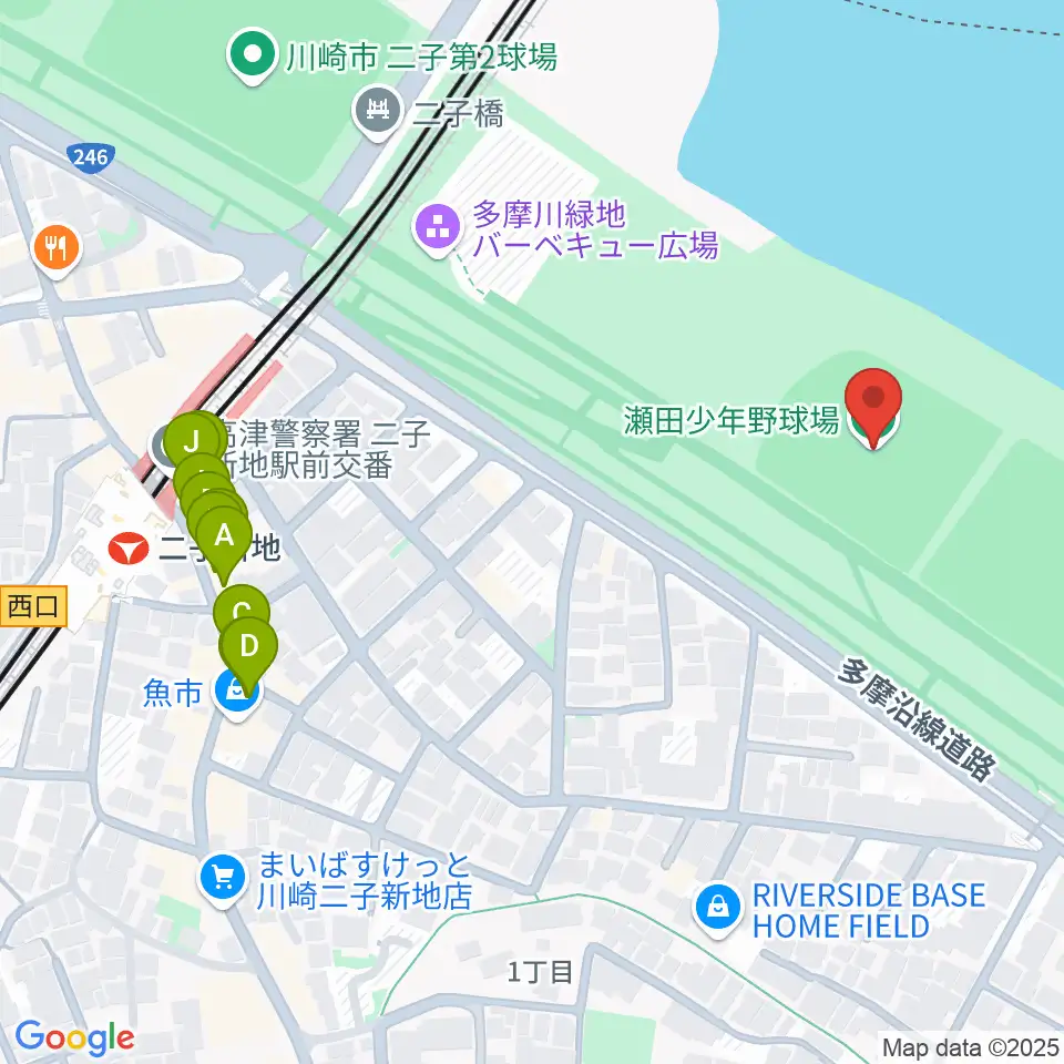 瀬田少年野球場周辺のファミレス・ファーストフード一覧地図