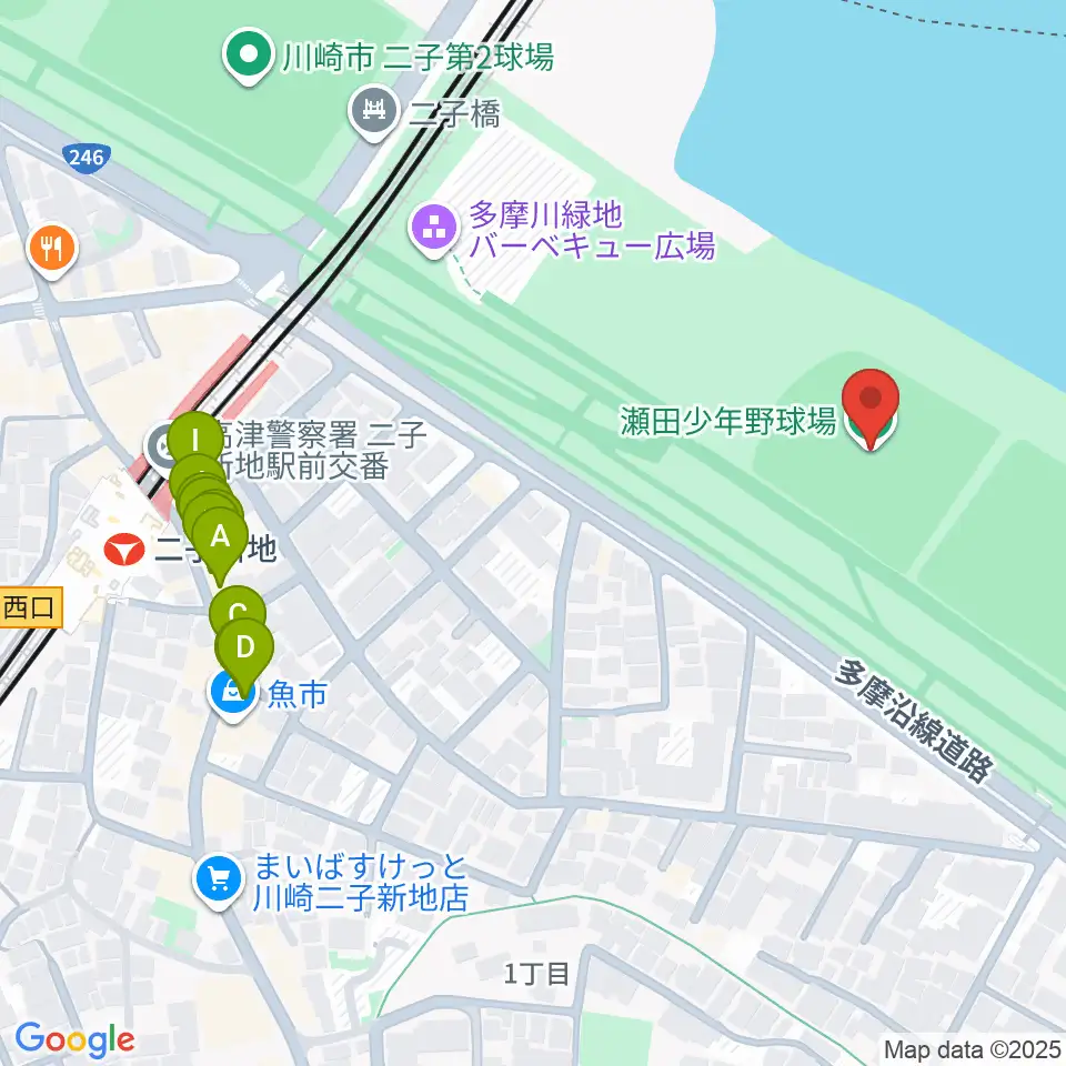 瀬田少年野球場周辺のファミレス・ファーストフード一覧地図