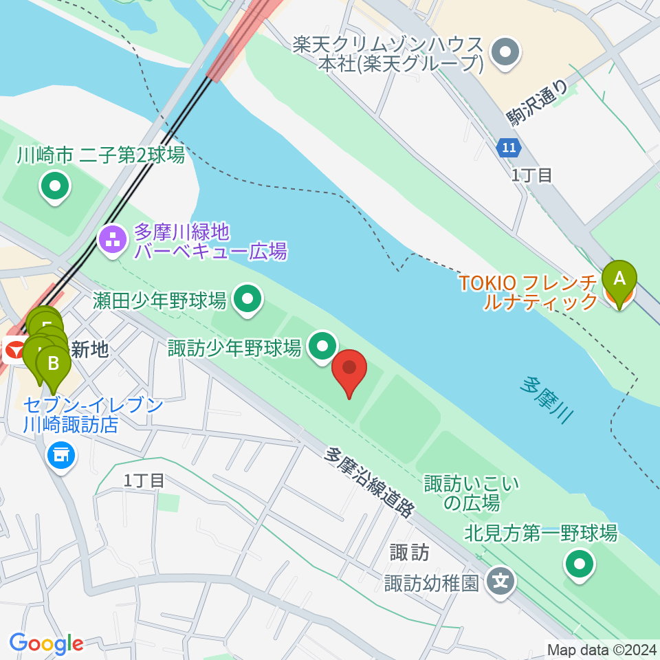 諏訪球場周辺のファミレス・ファーストフード一覧地図