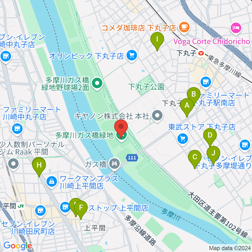 多摩川ガス橋緑地球技場周辺のファミレス・ファーストフード一覧地図