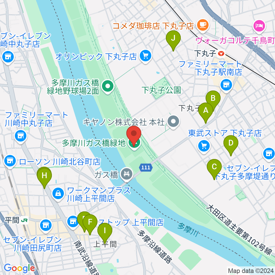 多摩川ガス橋緑地球技場周辺のファミレス・ファーストフード一覧地図