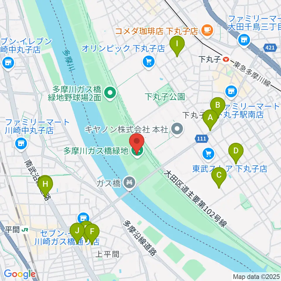 多摩川ガス橋緑地球技場周辺のファミレス・ファーストフード一覧地図