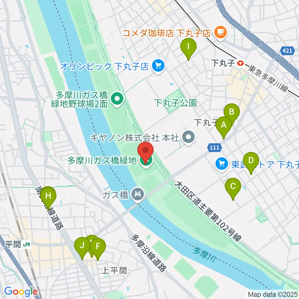 多摩川ガス橋緑地球技場周辺のファミレス・ファーストフード一覧地図