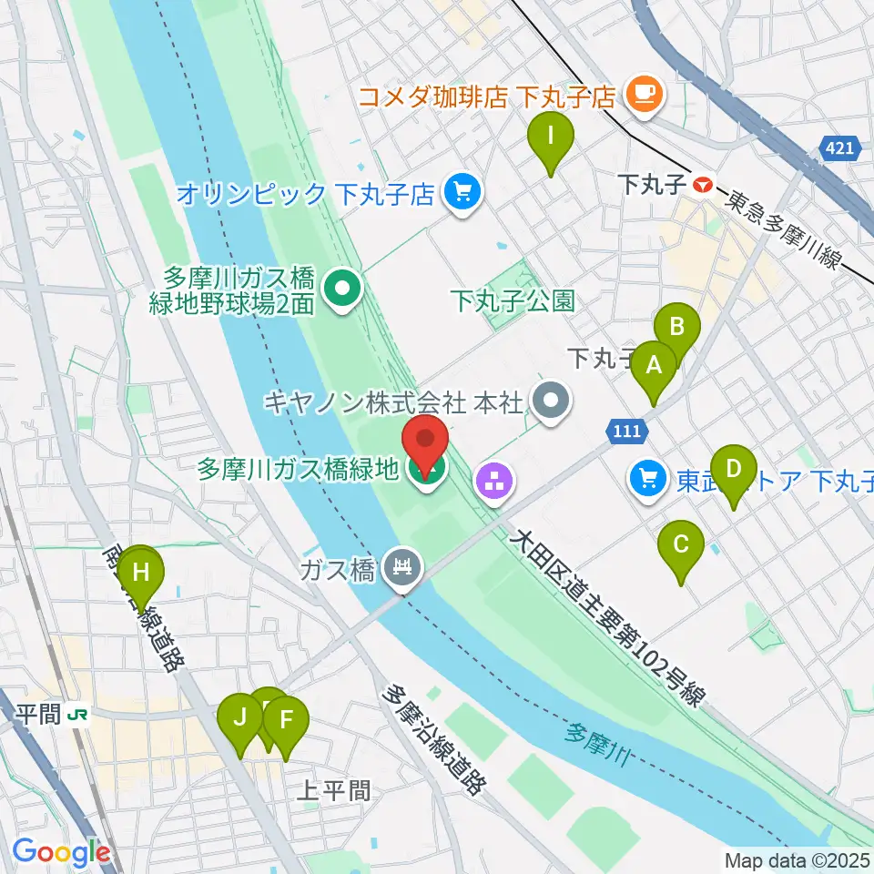 多摩川ガス橋緑地球技場周辺のファミレス・ファーストフード一覧地図