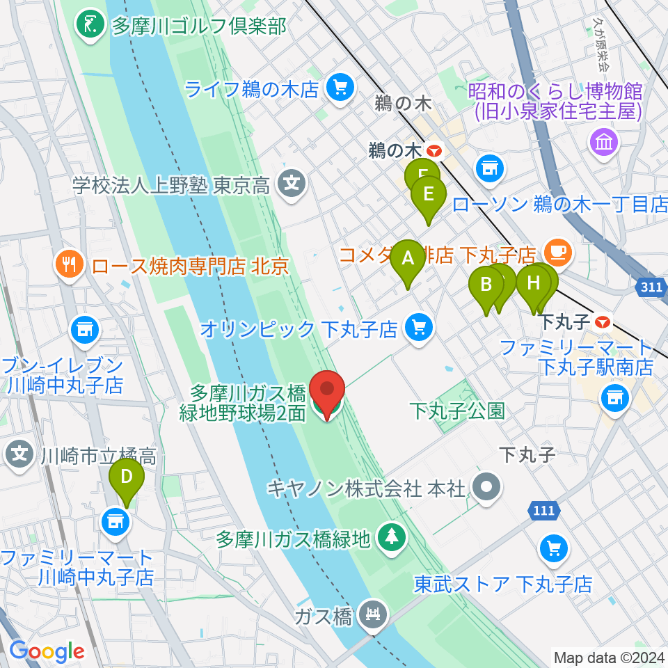 多摩川ガス橋緑地野球場周辺のファミレス・ファーストフード一覧地図