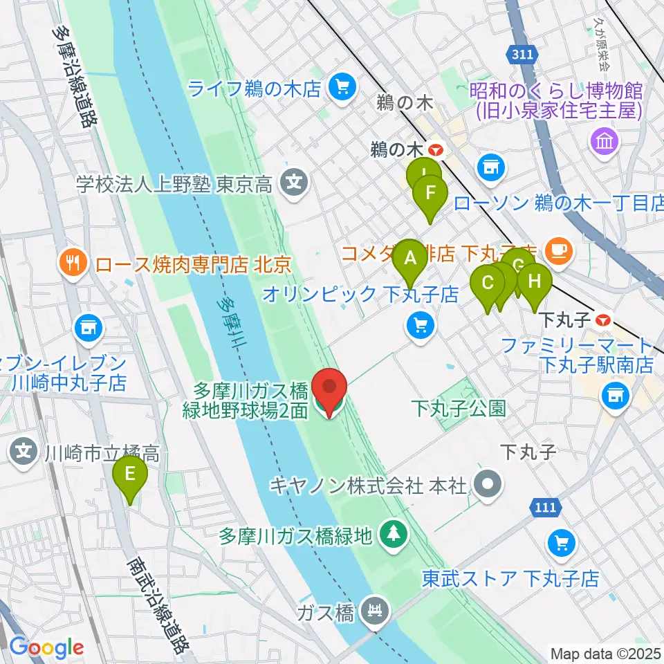 多摩川ガス橋緑地野球場周辺のファミレス・ファーストフード一覧地図