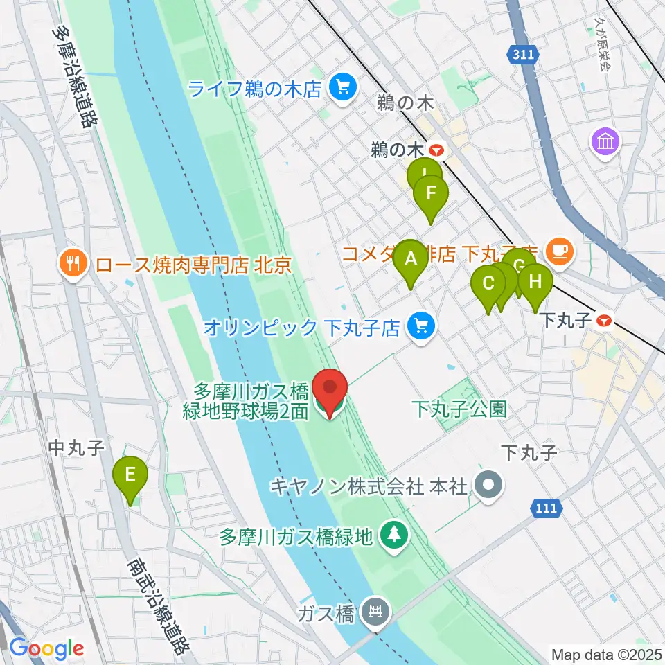 多摩川ガス橋緑地野球場周辺のファミレス・ファーストフード一覧地図