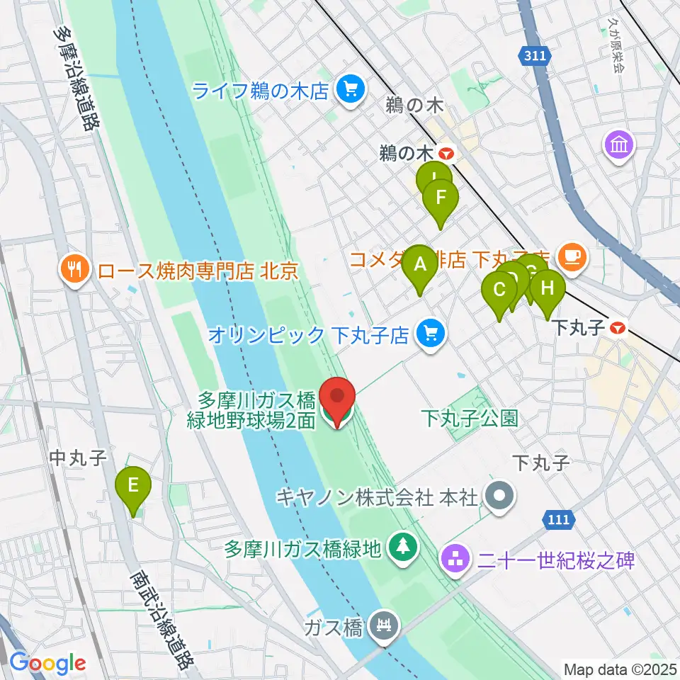 多摩川ガス橋緑地野球場周辺のファミレス・ファーストフード一覧地図