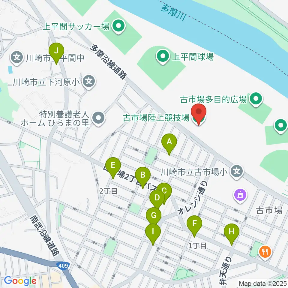 古市場陸上競技場周辺のファミレス・ファーストフード一覧地図