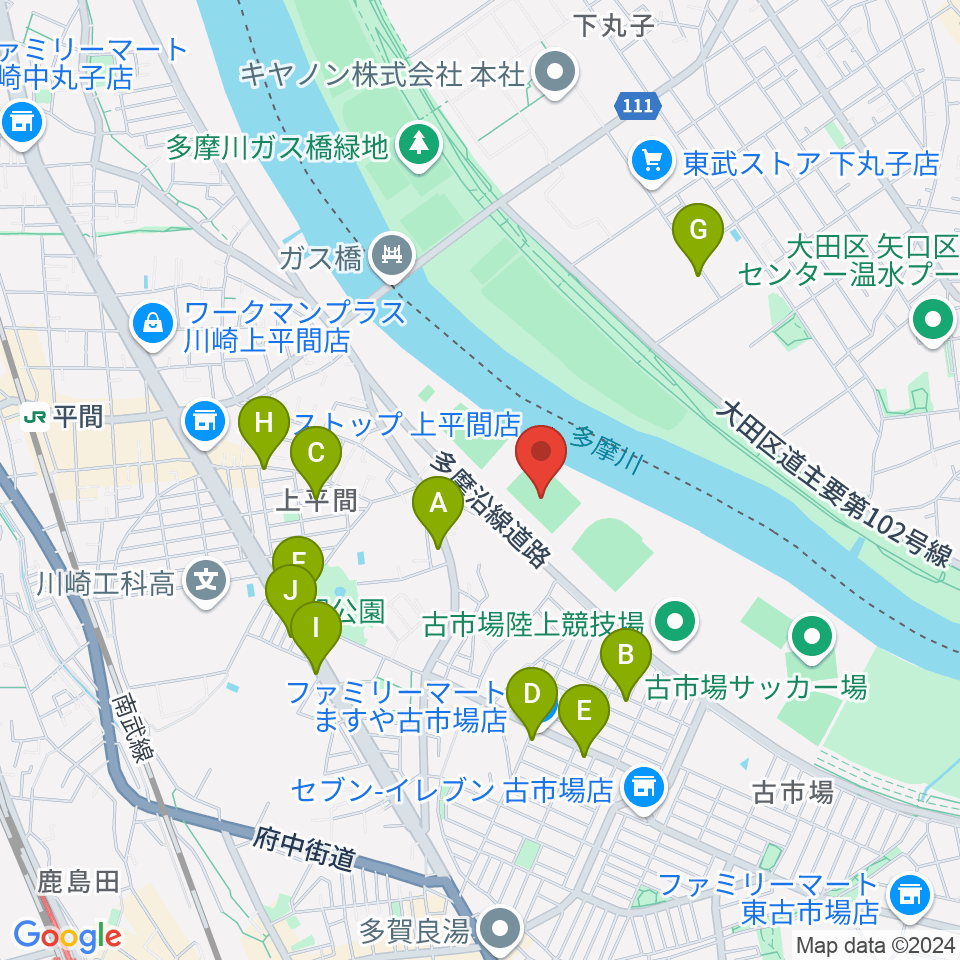 上平間サッカー場周辺のファミレス・ファーストフード一覧地図