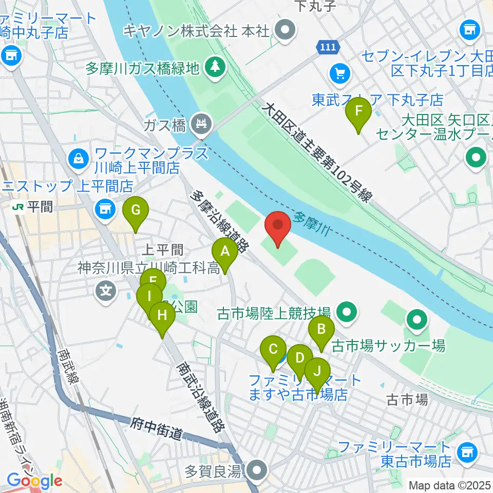 上平間サッカー場周辺のファミレス・ファーストフード一覧地図