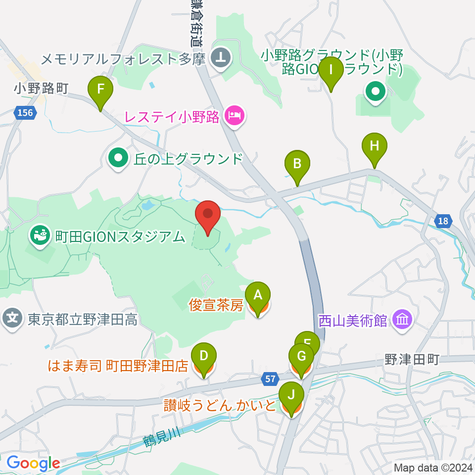 野津田球場周辺のファミレス・ファーストフード一覧地図