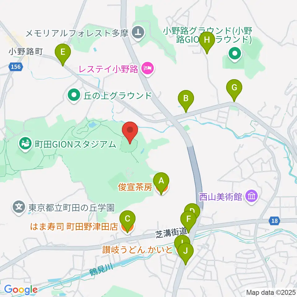 野津田球場周辺のファミレス・ファーストフード一覧地図
