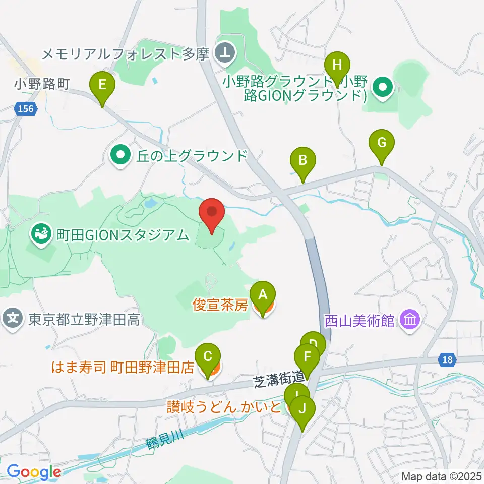 野津田球場周辺のファミレス・ファーストフード一覧地図