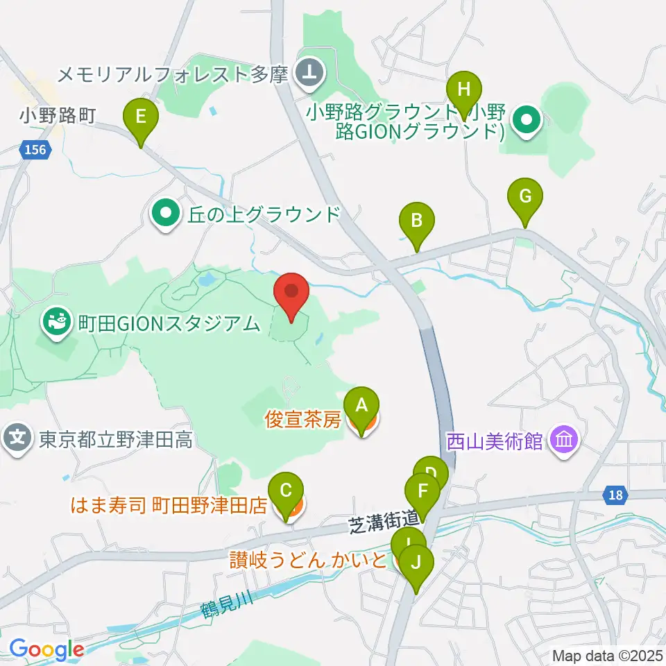 野津田球場周辺のファミレス・ファーストフード一覧地図