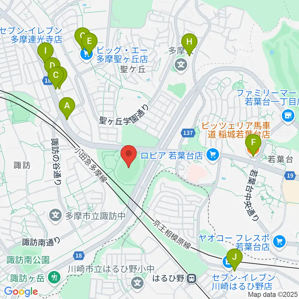 多摩市立陸上競技場周辺のファミレス・ファーストフード一覧地図