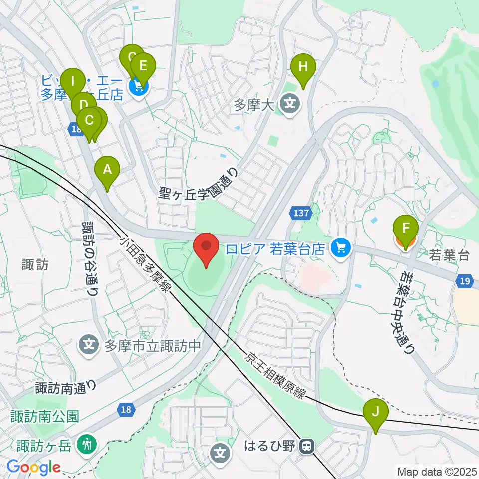 多摩市立陸上競技場周辺のファミレス・ファーストフード一覧地図
