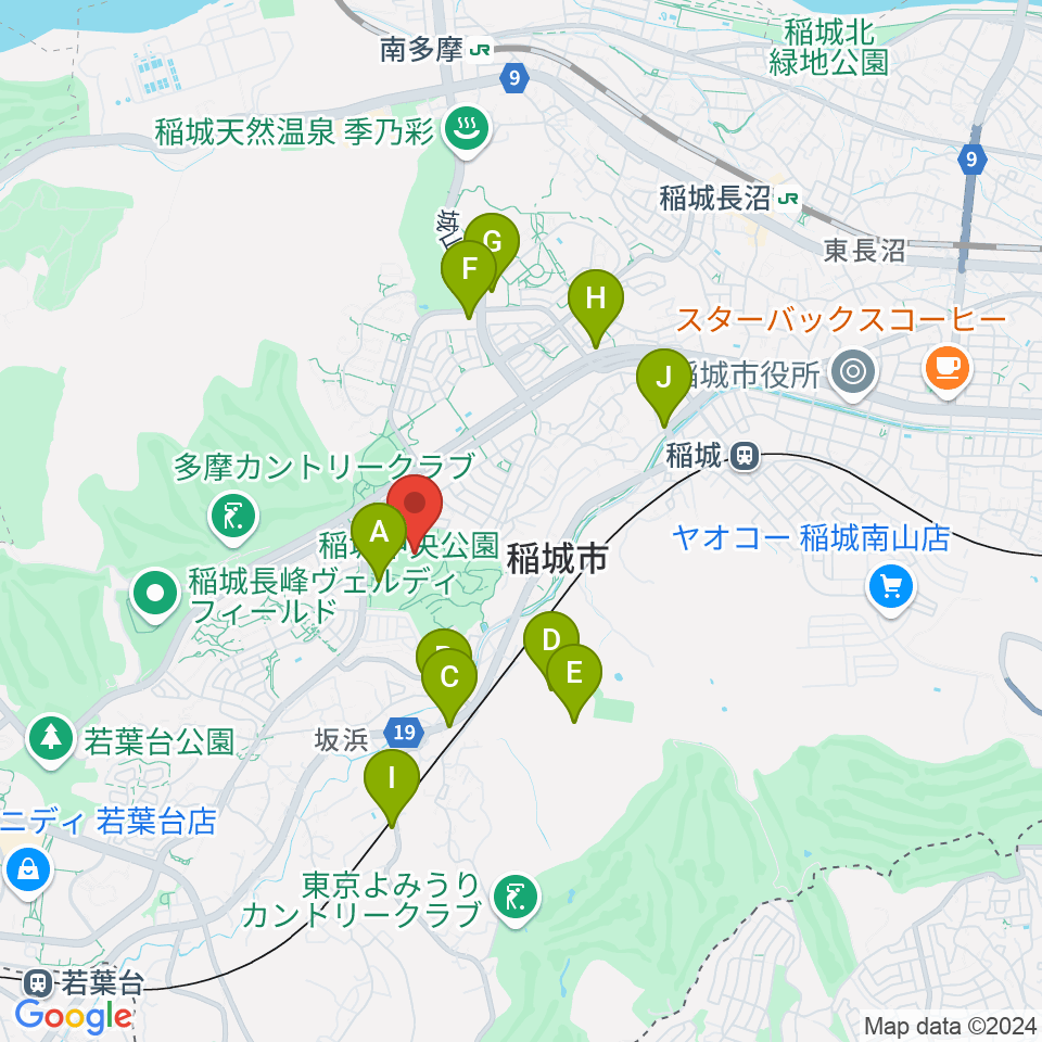 稲城中央公園総合グラウンド周辺のファミレス・ファーストフード一覧地図