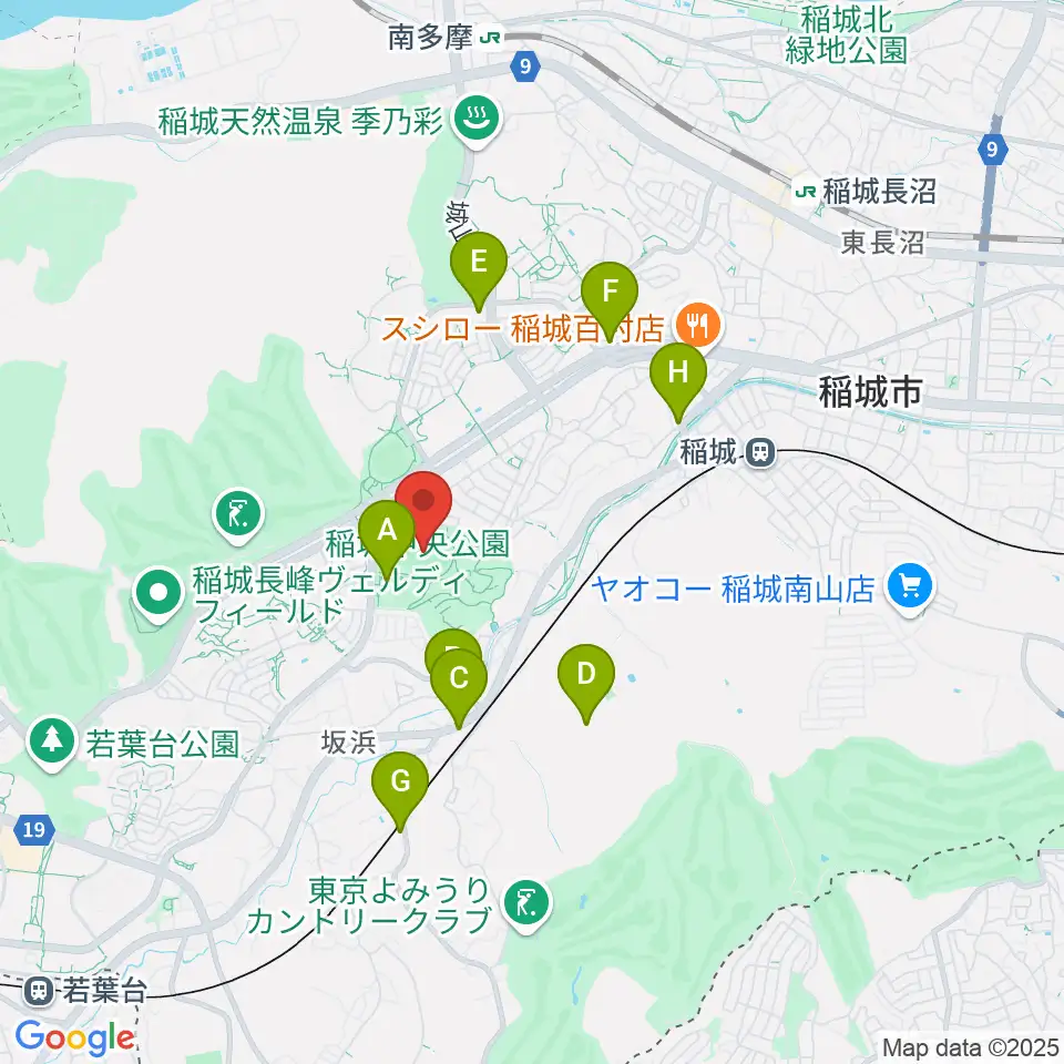 稲城中央公園総合グラウンド周辺のファミレス・ファーストフード一覧地図