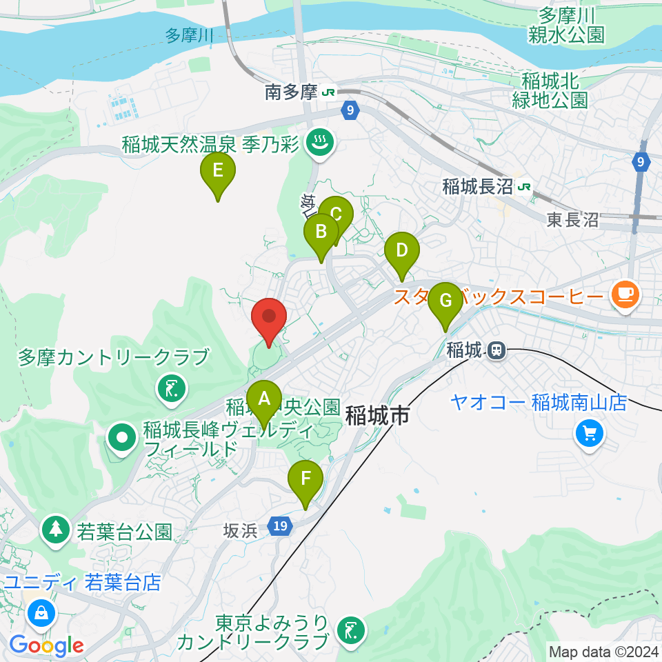 稲城中央公園野球場周辺のファミレス・ファーストフード一覧地図