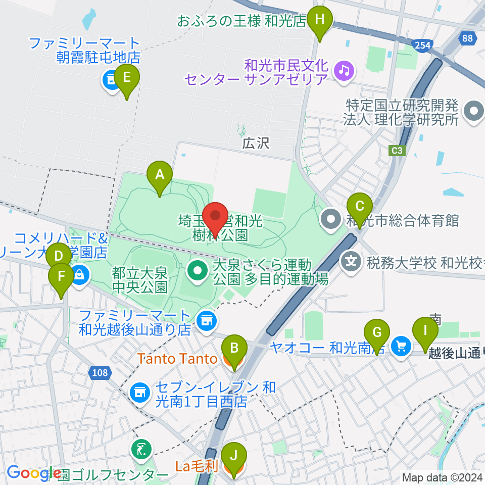 和光市総合体育館周辺のファミレス・ファーストフード一覧地図