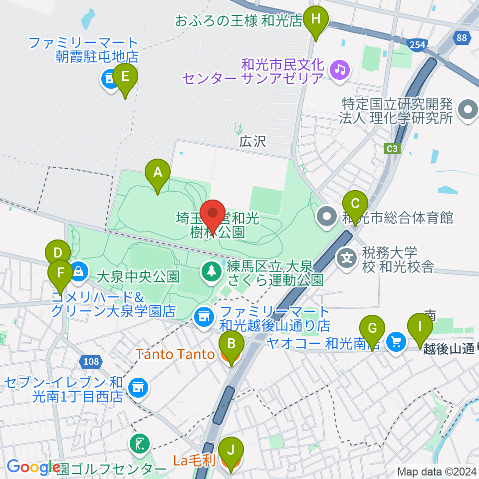 和光市総合体育館周辺のファミレス・ファーストフード一覧地図