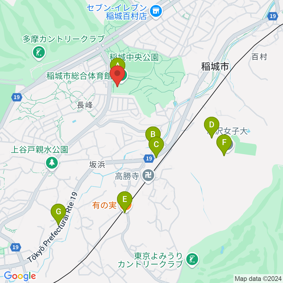 稲城市総合体育館周辺のファミレス・ファーストフード一覧地図