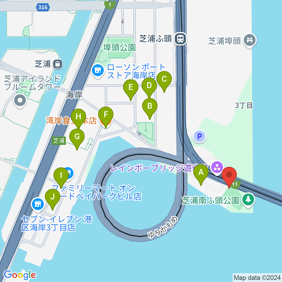 芝浦南ふ頭公園運動広場周辺のファミレス・ファーストフード一覧地図