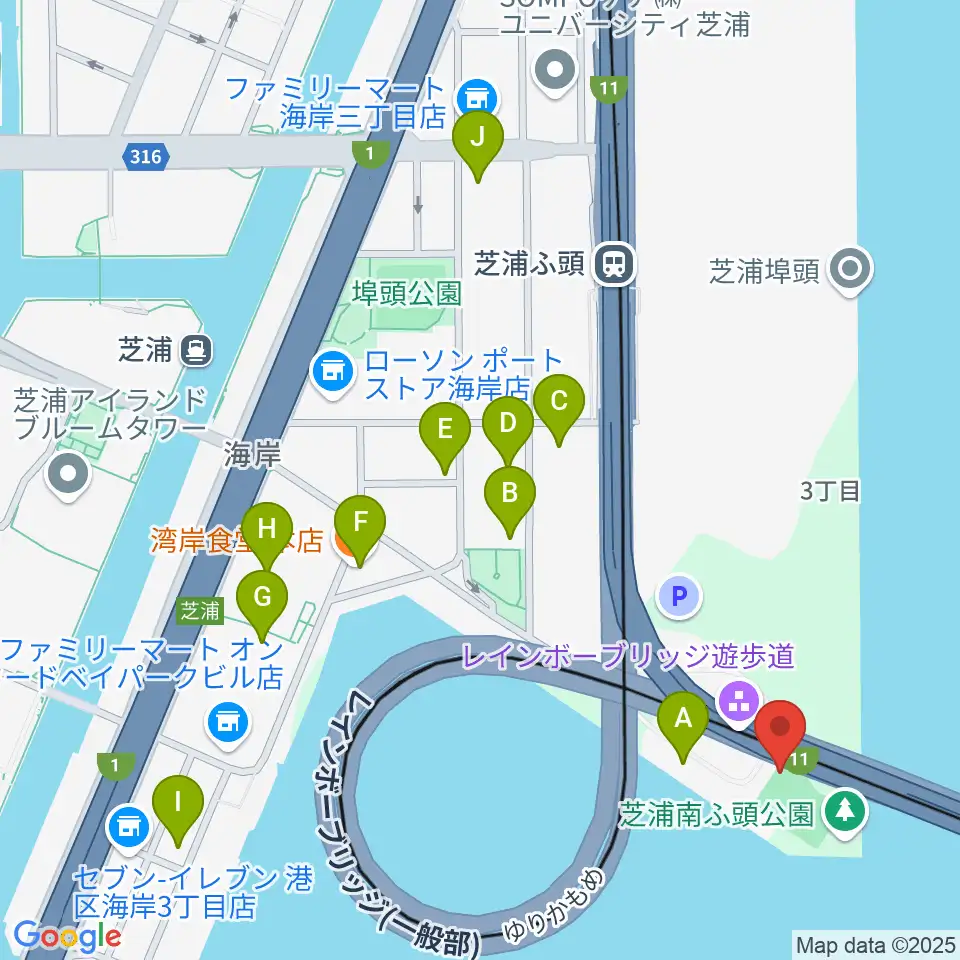 芝浦南ふ頭公園運動広場周辺のファミレス・ファーストフード一覧地図