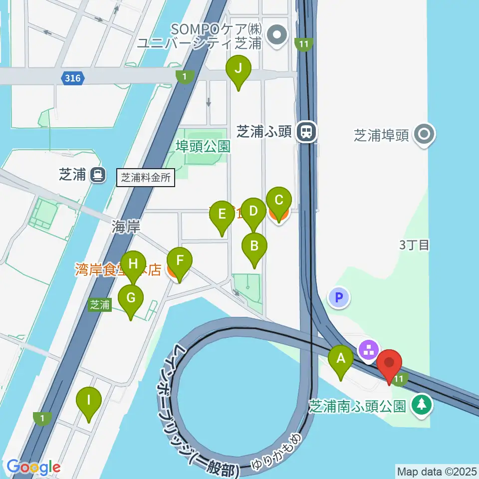芝浦南ふ頭公園運動広場周辺のファミレス・ファーストフード一覧地図