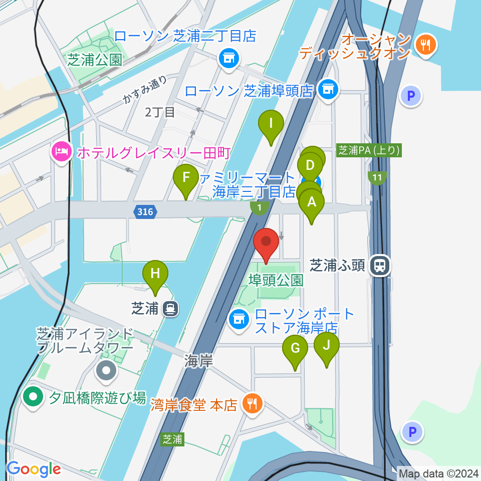 埠頭少年野球場周辺のファミレス・ファーストフード一覧地図