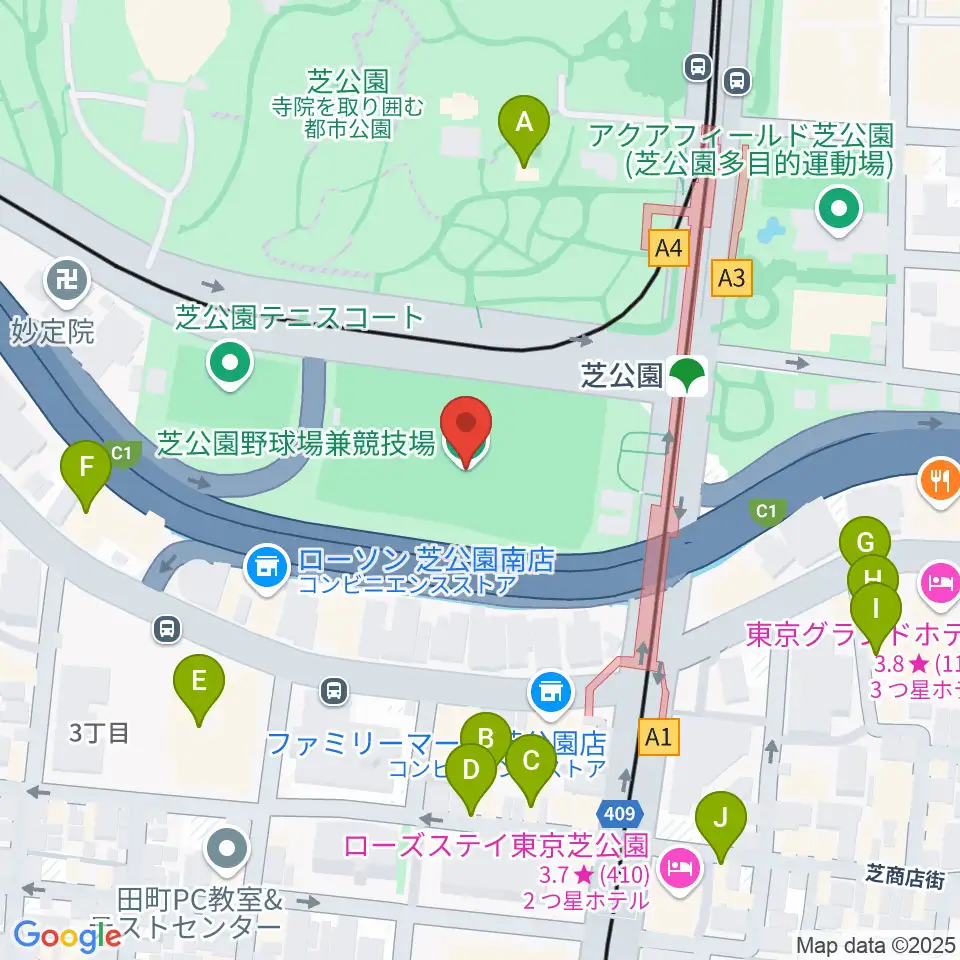芝公園野球場周辺のファミレス・ファーストフード一覧地図