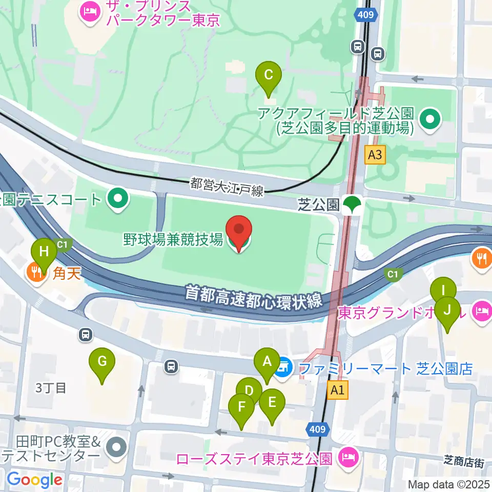 芝公園野球場周辺のファミレス・ファーストフード一覧地図