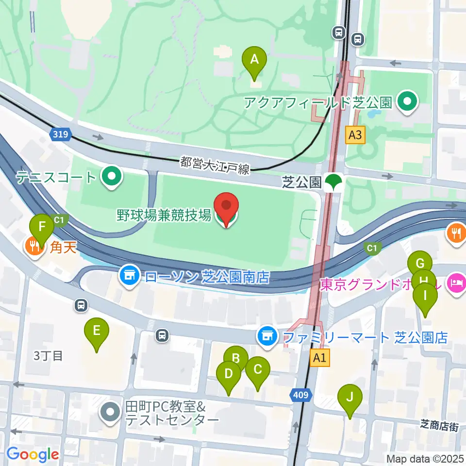 芝公園野球場周辺のファミレス・ファーストフード一覧地図