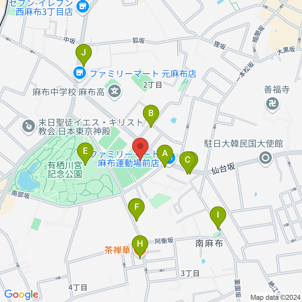 麻布運動場軟式野球場周辺のファミレス・ファーストフード一覧地図