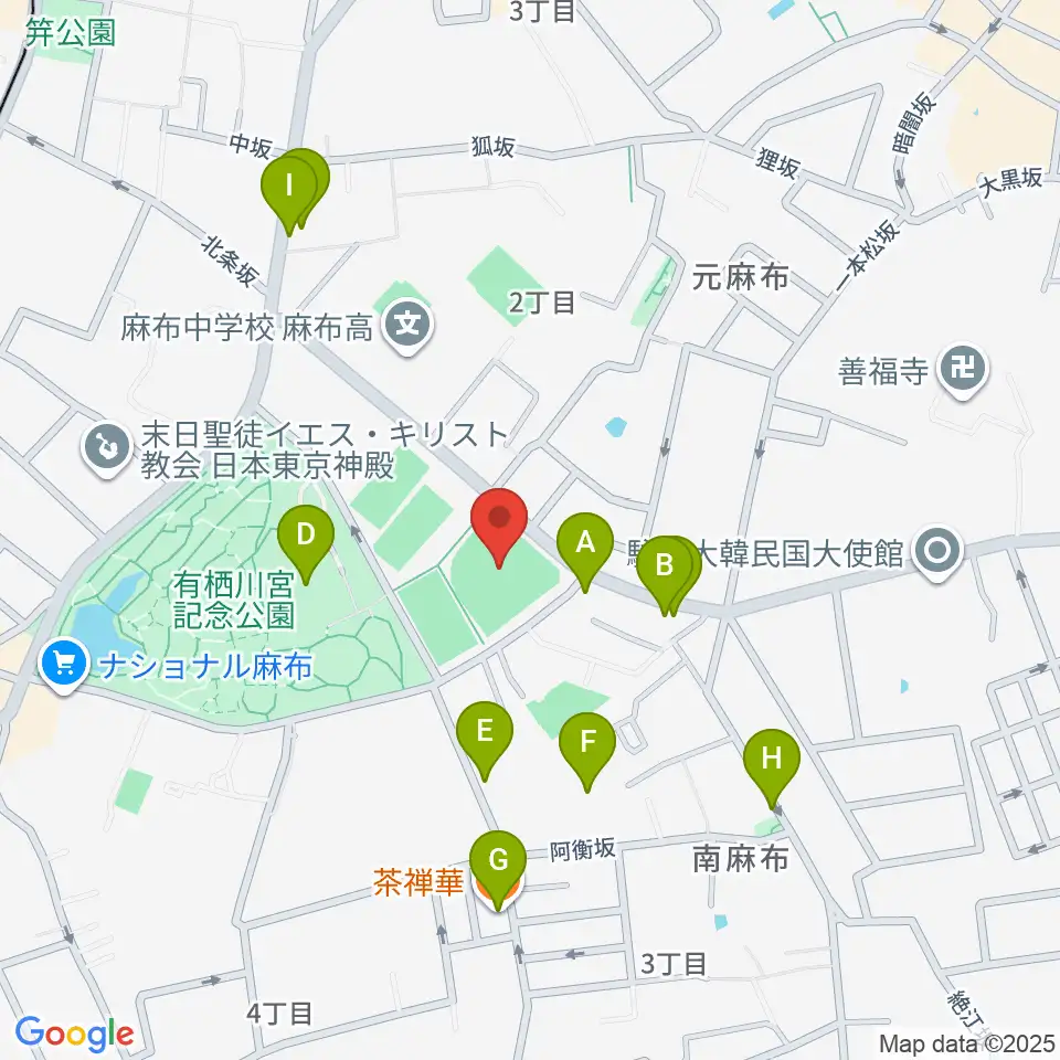 麻布運動場軟式野球場周辺のファミレス・ファーストフード一覧地図