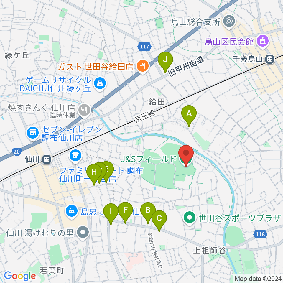 J&Sフィールド周辺のファミレス・ファーストフード一覧地図