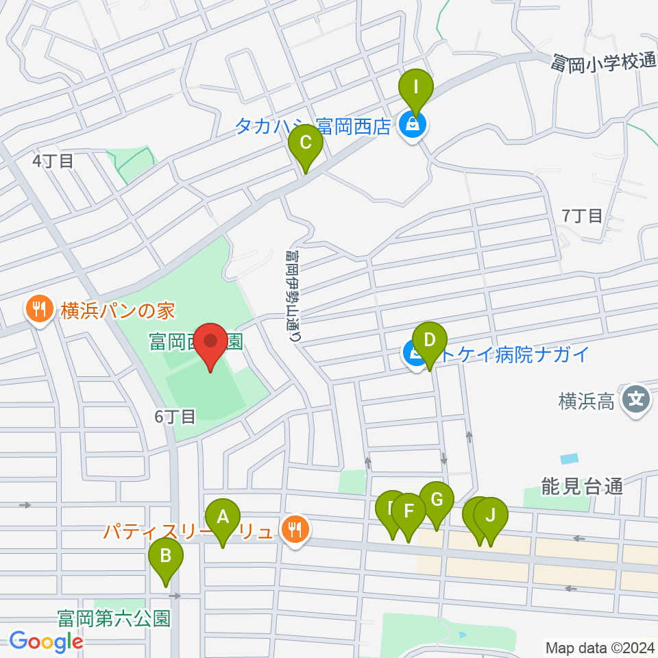 富岡西公園野球場周辺のファミレス・ファーストフード一覧地図